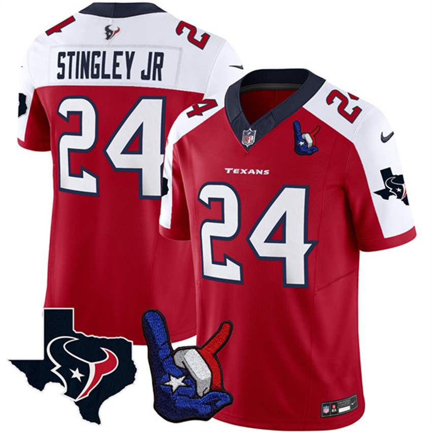 Men's Red/White Houston Texans #24 Derek Stingley Jr. 2023 F.U.S.E. With Hand Sign Throwing Up The H Patch Vapor Untouchable Limited Stitched Football Jersey